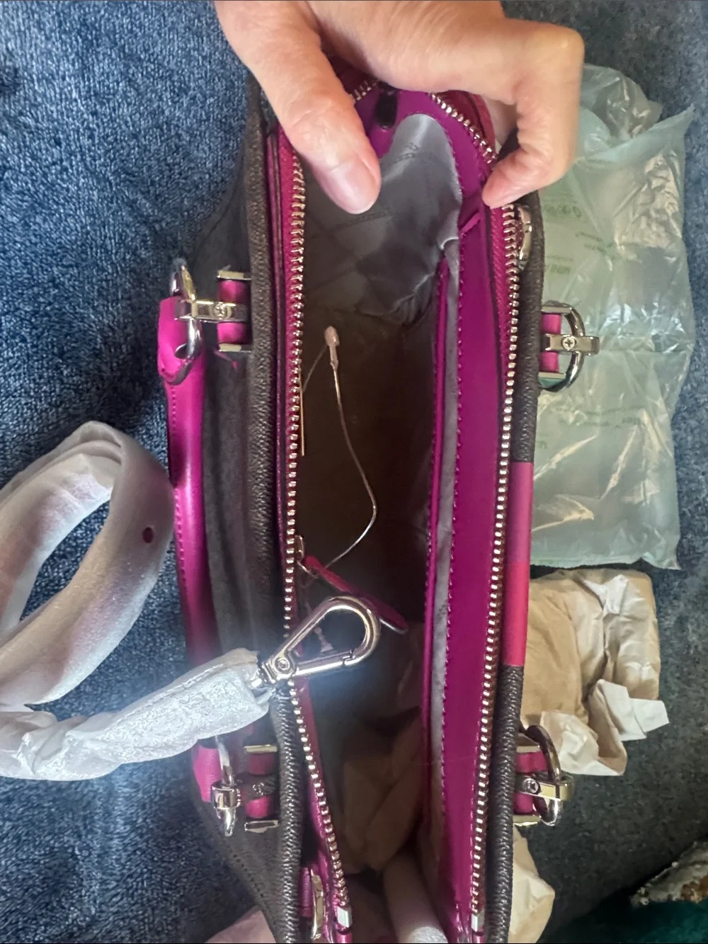 Michael Kors Brown & Hot Pink Signature Stripe Satchel - Picture 5 of 8